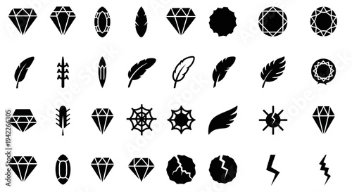 Collection of black icons representing various gemstones, feathers, and abstract designs on a clean background from a straightforward viewpoint