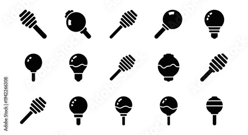 Collection of maracas icons in various designs and styles displayed in a grid pattern, showcasing different visual representations