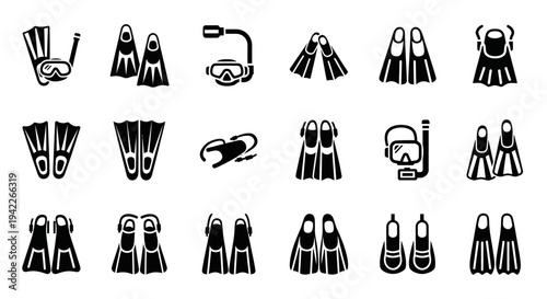 Collection of various scuba diving icons and graphics displayed in a grid pattern on a clean background