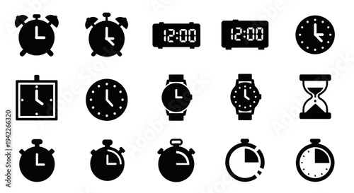 Collection of various time-keeping devices and icons representing different aspects of time management and scheduling.