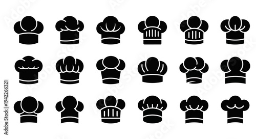 Collection of various chef hat icons in different designs and styles displayed on a clean white background