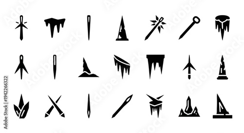 Collection of various black icons representing different objects and abstract concepts on a plain white background from a direct viewpoint