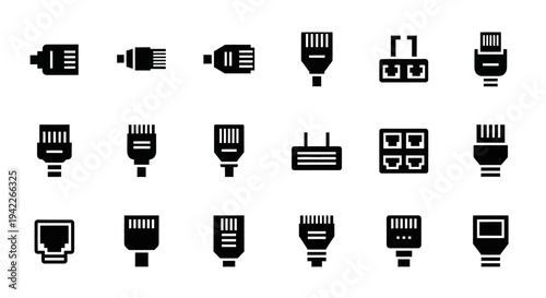 Collection of Various Electronic Connectors and Plugs Displayed in a Grid Formation on a Plain Background