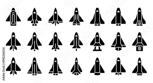 Collection of twenty assorted black jet silhouettes displayed on a grid layout