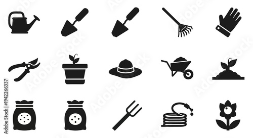 Collection of black icons representing various gardening tools and accessories on a plain white background from a direct viewpoint