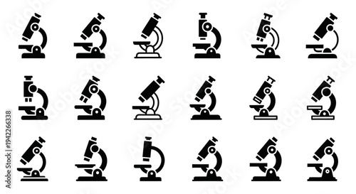 Collection of various microscopes displayed in a grid arrangement showcasing different viewing angles and designs