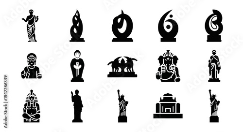Collection of various black silhouettes of statues and monuments displayed on a plain white background