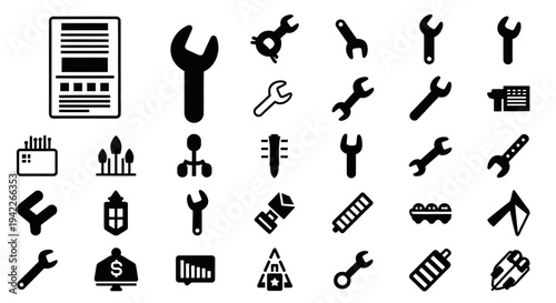 Collection of various tools and equipment icons for industrial and technical purposes displayed in a grid layout