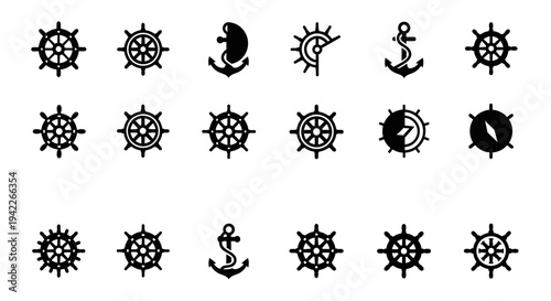 Collection of black nautical icons featuring anchors and ship wheels on a clean background from a straightforward viewpoint