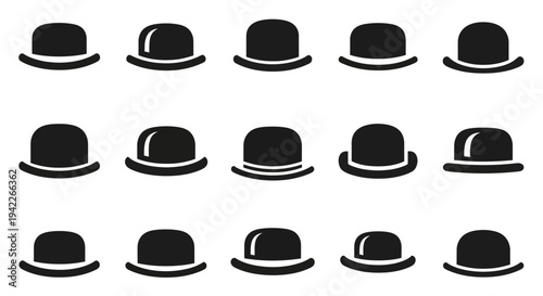 A collection of fourteen black bowler hats arranged in three rows on a white background, viewed from directly above.