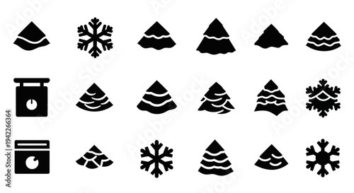 Collection of Simple Mountain and Snowflake Icons on a White Background from a Straight-On Viewpoint