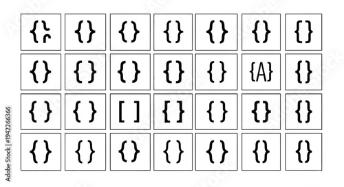 A grid of 28 squares displaying various curly bracket symbols and one square with the letter A, arranged in a 4x7 pattern on a neutral background.