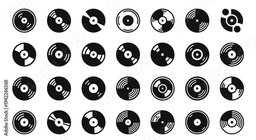 Collection of vinyl records displayed in a grid pattern, showcasing various designs and styles, illustration, plain background, top view