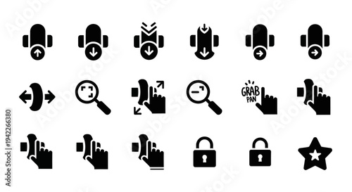 Collection of black icons representing various technology and security concepts displayed on a clean white background viewed from a straightforward perspective