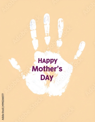 A handprint design celebrating Mother's Day. A pale peach background features a white handprint. The words 