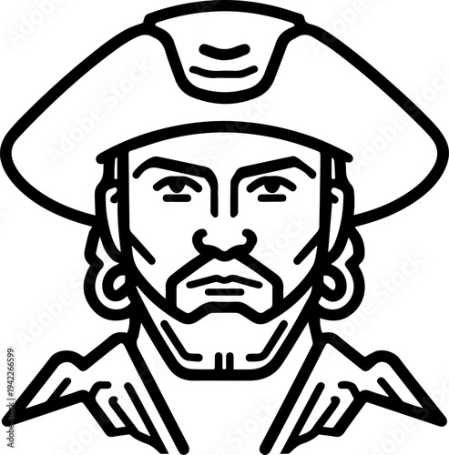Hand Drawn Male Pirate Black and White Avatar Illustration in Minimal Line Art Style Design