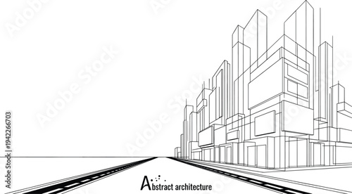 Professional black vector architecture illustration of a dense metropolitan high-rise street with multiple blank billboard signage mockups