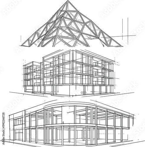 Professional black vector architecture illustration comparing pyramidal truss structure, modular office building, and modern curved retail facade