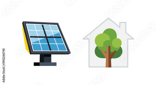 Solar panel and eco-friendly house with tree.