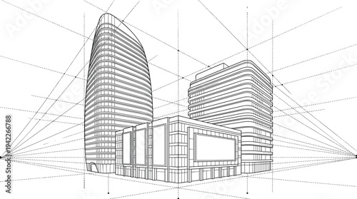 Professional black vector architecture line drawing of modern urban development featuring two-point perspective and curved tower design