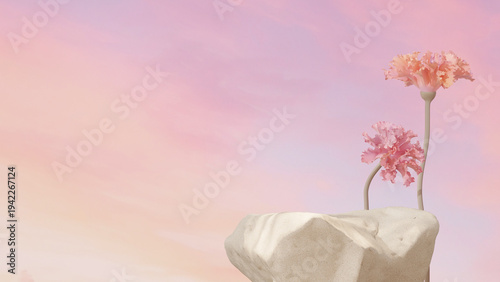 3D render studio setup with delicate flowers and sculptural stone podium forming a minimal product display environment. Soft pastel lighting creates an elegant copy space background