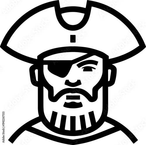 Hand Drawn Male Pirate Black and White Avatar Illustration in Minimal Line Art Style Design