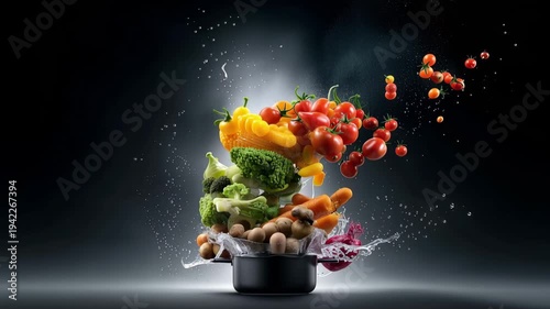 Fresh vegetables jump into a pot while water splashes around in a dark kitchen setting