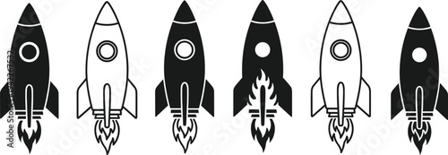 Rocket launch icon set vector illustration with black and outline styles isolated on white background space startup technology design