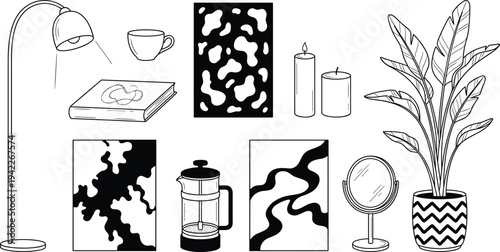 Set of minimalist interior decor line art icons featuring a floor lamp, french press coffee maker, abstract wall art, and indoor potted plants.