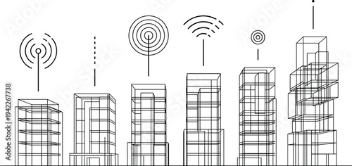 Smart city telecommunications study featuring wireframe building silhouettes, wireless connectivity icons, and urban data transmission nodes.