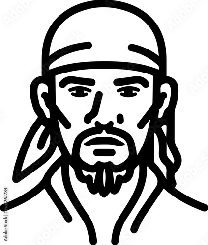 Hand Drawn Male Pirate Black and White Avatar Illustration in Minimal Line Art Style Design