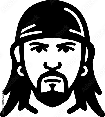Hand Drawn Male Pirate Black and White Avatar Illustration in Minimal Line Art Style Design