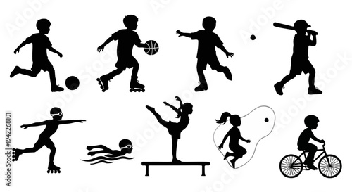 Collection of Eight Black Silhouettes Showing Diverse Sports and Fitness Activities Arranged in Two Rows for Graphic Design Use
