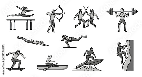 Gymnastics, Archery, Weightlifting, Diving, Running, Skateboarding, Surfing, and Rock Climbing in Three Rows Showing Diverse People