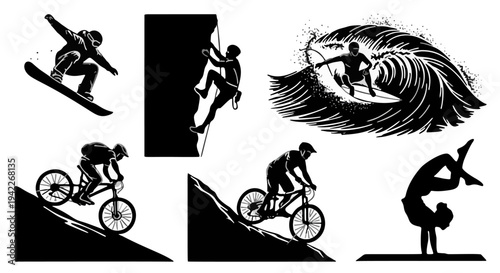 Snowboarding, Skateboarding, Surfing, Cycling, and Handstands in Two Rows on a Clean Background