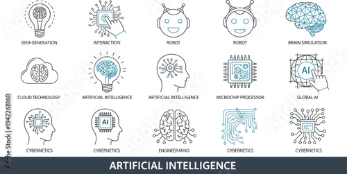 Vector line icons for artificial intelligence cybernetics neural brain simulation robotic automation and high-tech microchip processor engineering