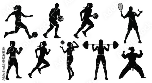 Nine Black Silhouettes of Diverse Athletic Activities in Sports, Featuring Running, Basketball, and Tennis in Three Rows of Three on a High-Contrast Background