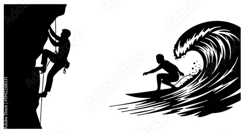 Black-and-White Illustration of Climber Ascending Rocky Face and Surfer Riding Massive Wave in Dynamic Outdoor Scenes