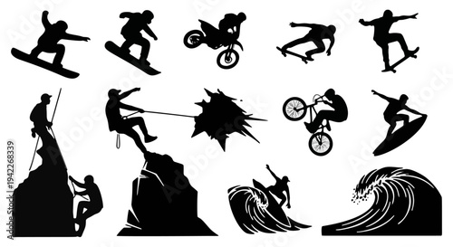 Collection of 11 Black Silhouettes Depicting Extreme Sports Action Arranged in Three Rows - Graphic Design Element for Adventure and Thrill-Seeking Theme with People in Action