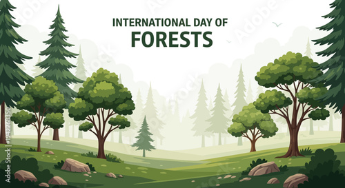 Illustration of trees on a green landscape with rocks for the International Day of Forests with a character design on a business background
