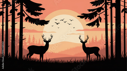 Vector silhouette of deer in forest at sunset