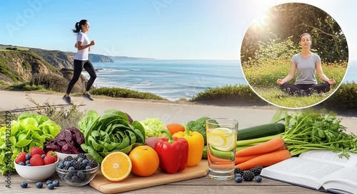 seaside workout with fresh produce collage for healthy lifestyle