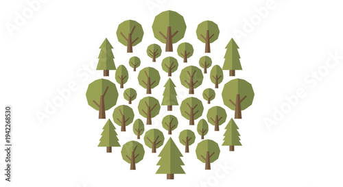 Illustration of a diverse group of trees on a white background, celebrating the International Day of Forests with a global business and environmental theme.
