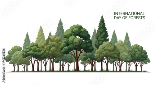 Illustration of a lush forest with diverse trees on a white background, celebrating the International Day of Forests with a global event design theme and tropical rainforest elements.