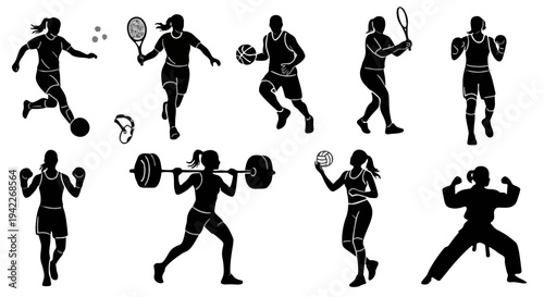 Nine Cartoon-Style Man Performing Diverse Physical Activities in Blue-and-Yellow Color Scheme Depicting Dynamic Exercises Fitness and Sports Illustrations