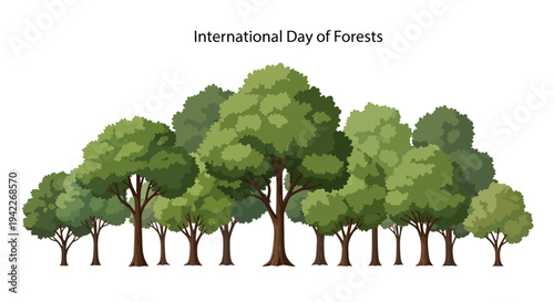 Illustration of a lush forest for International Day of Forests with various green trees on a white background, symbolizing global conservation efforts.