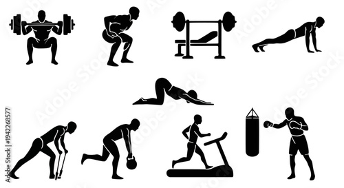 Nine black silhouettes arranged in three rows showcasing diverse fitness workouts including weightlifting, push-ups, stretching, and treadmill running on a white background