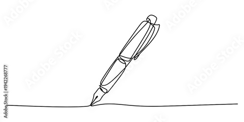 A minimalist line drawing of a fountain pen sketching a horizontal line on a white background. Vector, illustration