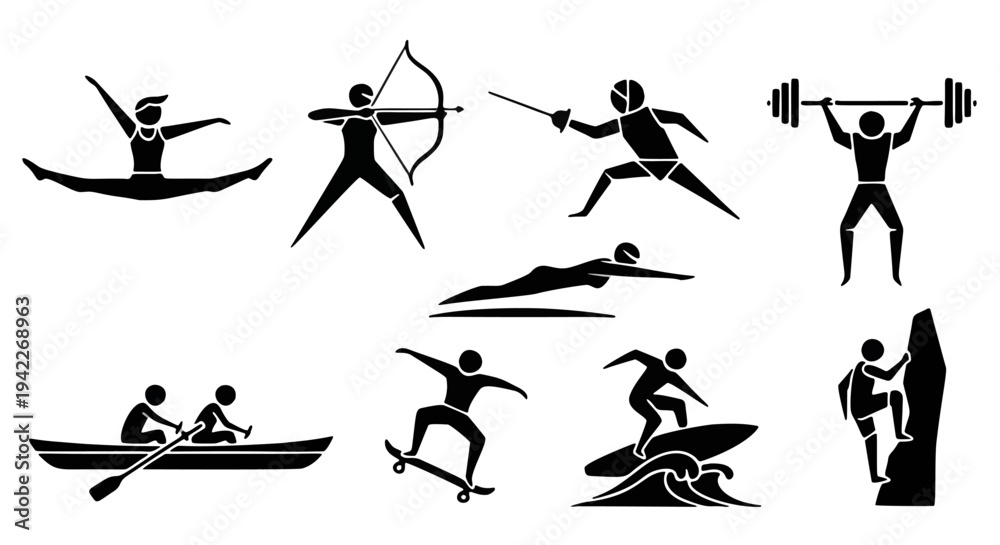 Obraz premium Snowboarding, Dirt Biking, Cycling, Wall Climbing, and Surfing Poses Arranged in Grid