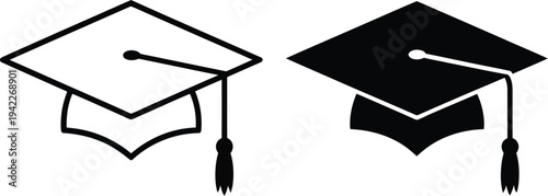 Graduation Mortarboard Icon Set Including Black Solid and Outline Cap Symbols for Clean Educational Interface Elements